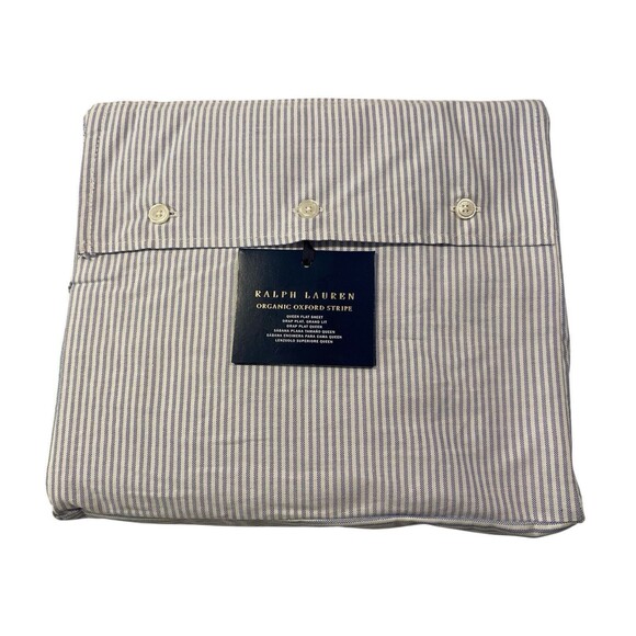 Ralph Lauren Organic Oxford Stripe QUEEN Flat Sheet Blue White - NWT $215 - Picture 1 of 4